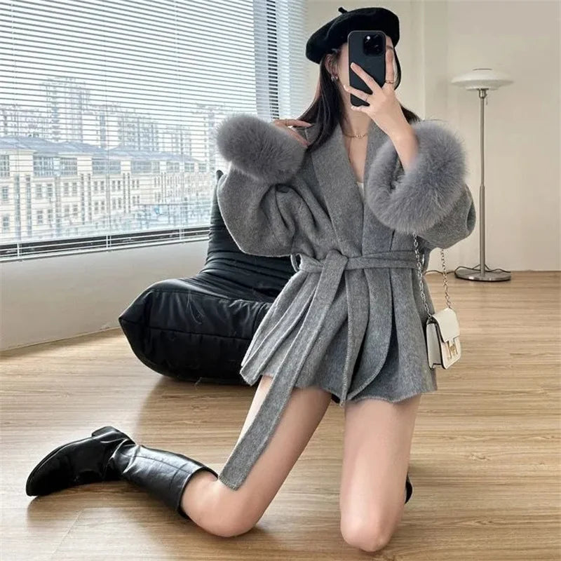 Mode Woolen Jacke mit gürtel Frauen Mantel 2025, Neue Herbst Winter Temperament Lose Strickjacke Weibliche Outwear