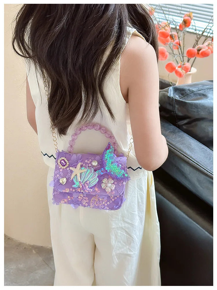Lovely Sequin Girls Square Shoulder Bag Fish Tail Starfish Princess Crossbody Bags Bead Handle Children's Small Handbags Purse.