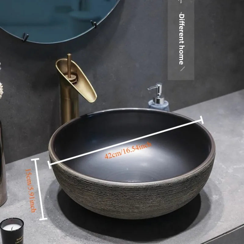Jingdezhen Keramikgefäßwaschbecken – handgefertigtes rustikales Schwarz- und Sandkunstwaschbecken mit Spritzschutz-Design für den Badezimmer-Waschtisch individuell anpassbar