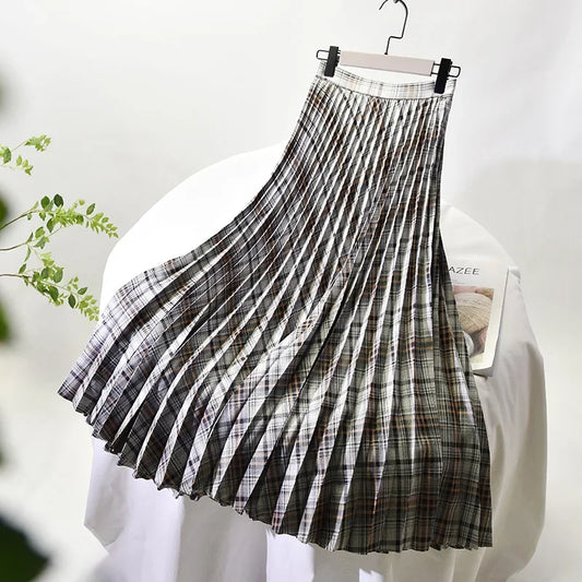 Looks Thin Pleated Skirt 2025 New High Waist A-line Skirt Mid-length Big Size Plaid Skirt Long Pleated Skirt Length 75-90cm.