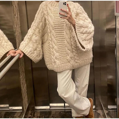 Damen lose dicke Linie Strick pullover o Hals Laterne Ärmel Strickwaren Herbst Winter solide passen alle Pullover Mode Pullover.