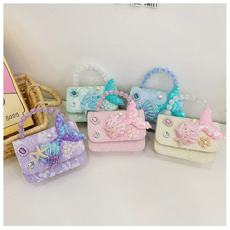 Lovely Sequin Girls Square Shoulder Bag Fish Tail Starfish Princess Crossbody Bags Bead Handle Children's Small Handbags Purse