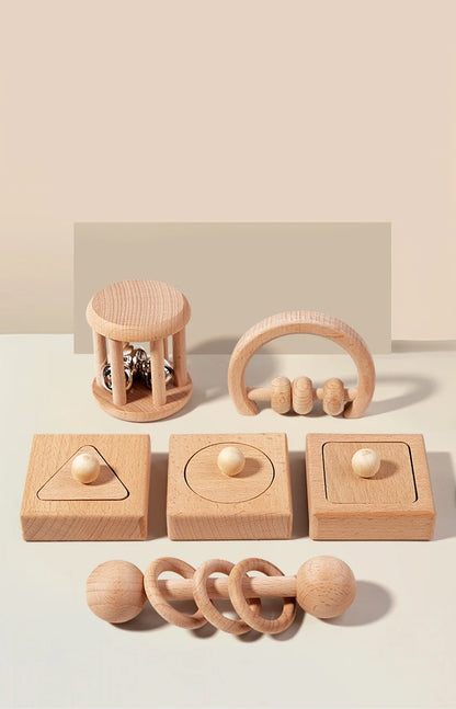 Wooden Geometric Shapes Sorting Montessori Puzzle Toys Baby Toys Wooden Rattles Ring Rattles Sensory Toys Preschool Education.