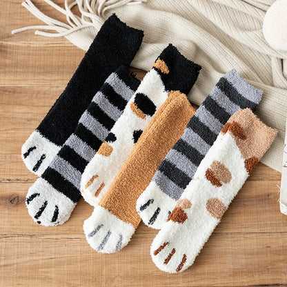 Women Winter Warm Fluffy Socks Cute Animal Claw Cat Paw Footprint Fuzzy Socks Female Thick Coral Fleece Home Floor Sleep Socks.