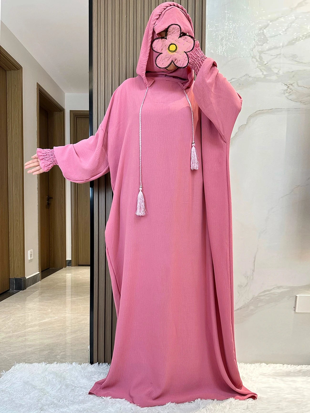 Muslim Abaya Solid Cotton Pullover Two Hat Women Eid Hooded Long Maxi Dress Turkey Kaftan Arab Robe Islamic Hijab Dubai Clothing.