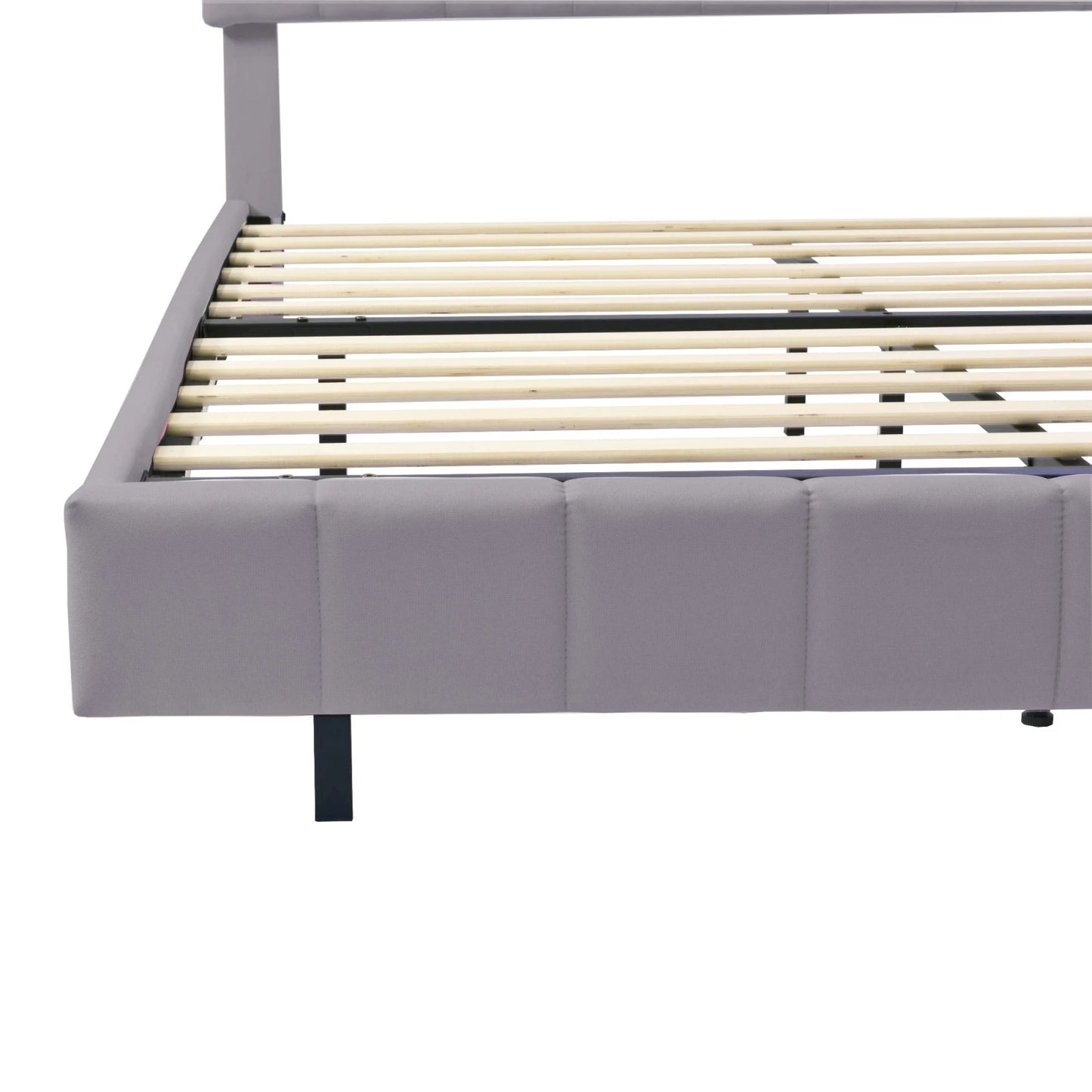 Rosahqnda Polsterbett 160 x 200 cm, Doppelbett mit LED- und USB-Anschluss, schwebender Bettrahmen, Beige, Leinen