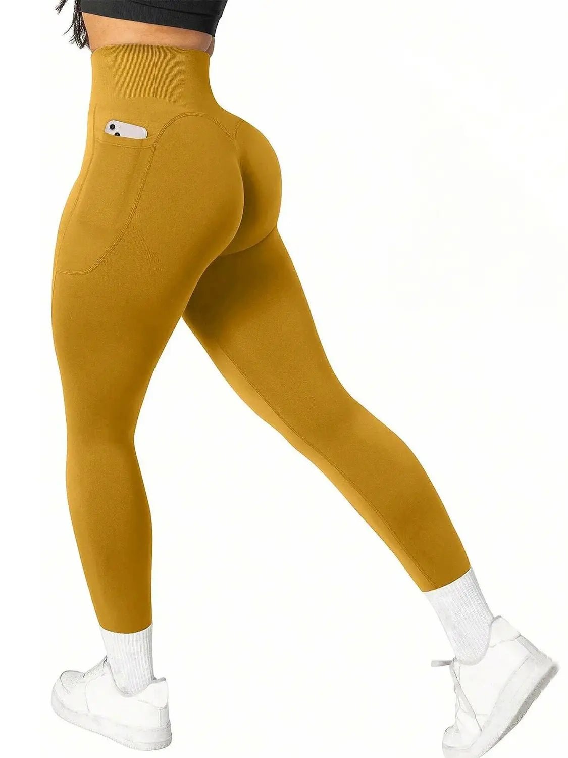High Waisted Seamless Yoga Pants Butt Lifting Booty Sculpting Gym Leggings with Side Pockets Sexy Workout Tights for Women.