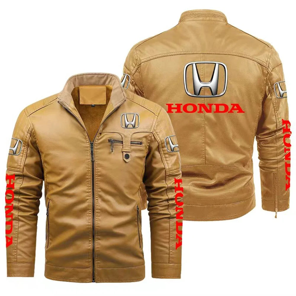 Men's vintage warm leather jacket, Honda motorcycle racing jacket, zipper windbreaker top, outdoor fashion, warm, winter.