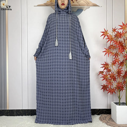 2024New Pure Cotton Ramadan Muslim Two-Hat Abaya Dubai Turkey Islam Prayer Clothes Loose Robe Islamic Women Traditional Clothing