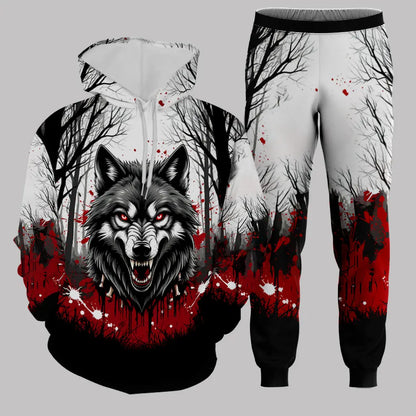 Men's Hoodie Set Funny 3D Wolf Print Hoodies Pants Sports Suit Autumn Winter Casual Sweatshirts 2 Piece Outfit Fashion Tracksuit.