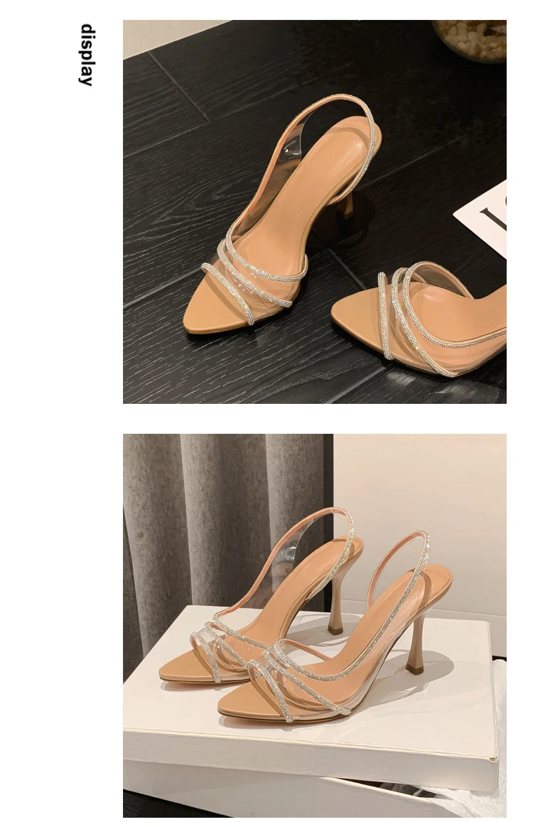 Women Summer Rhinestone Slingback Pumps Office Lady Transparent Heeled Sandals Elegant Pointed Toe Female Sexy High Heels.