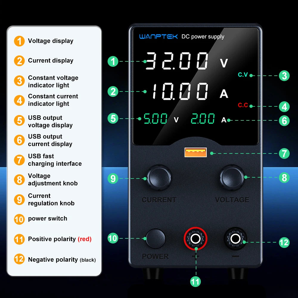 Wanptek Laboratory Power Supply 30V 5A 30V 10A 60V 5A 120V 3A  Adjustable with USB Output Display Lab Bench DC Power Supply.