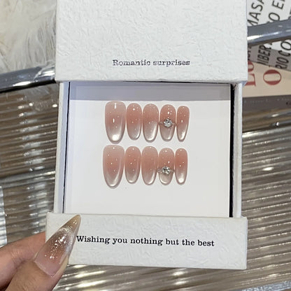 10Pcs Handmade Glitter False Nails with Cat Eye Designs Pink Press on Nails Wearable Butterfly Fake Nails Full Cover Nail Tips.