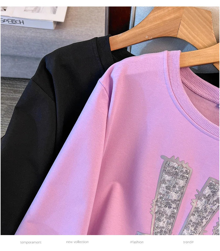 175kg plus size Damen büste Frühling Herbst loser Rundhals ausschnitt Langarm bedrucktes Sweatshirt schwarz lila 5xl 6xl 7xl 8xl 9xl.