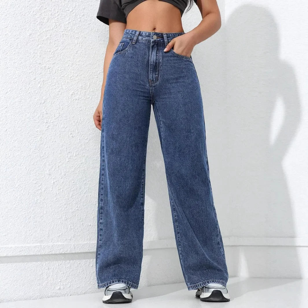American Style High Waist Wide Leg Jeans Women's Spring New Loose Slim Straight Floor-Length Denim Pants.