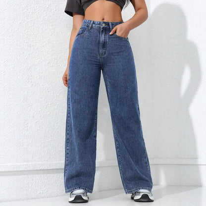 American Style High Waist Wide Leg Jeans Women's Spring New Loose Slim Straight Floor-Length Denim Pants.