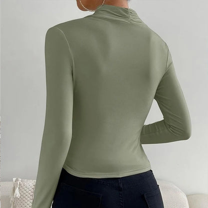 Sexy Elegant Fall Winter Long Sleeve Cross Pleated Pullover Women's Modal Solid Color Irregular Tops Street Daily Versatile Tees.