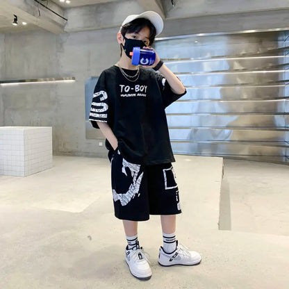 Boys Summer Trendy Casual Sports 2pcs T-shirts+Pants Suits 3-14 Years Teenage Boys Hip Hop Style Fashion Outfits Clothes Sets.