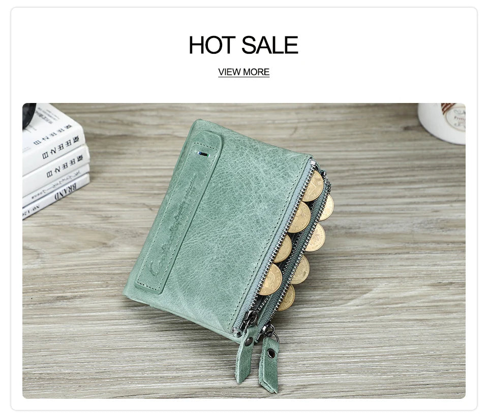 Fashion Genuine Leather Women Wallet Bi-fold Wallets Red ID Card Holder Coin Purse With Double Zipper Small Women's Purse 2022
