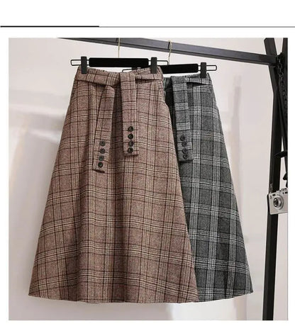 Khaki Plaid Vintage A-line High Waist Lace Up Buttons Loose Women's Skirt Mid-Calf Long Skirts For Women Clothing Fashion 2024.