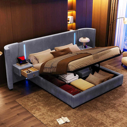 KOMHTOM Polsterbett 180x200cm, Samt mit, LED-Leiste, hydraulischem Stauraum, 2 Schubladen und USB+TYPE-C Anschluss