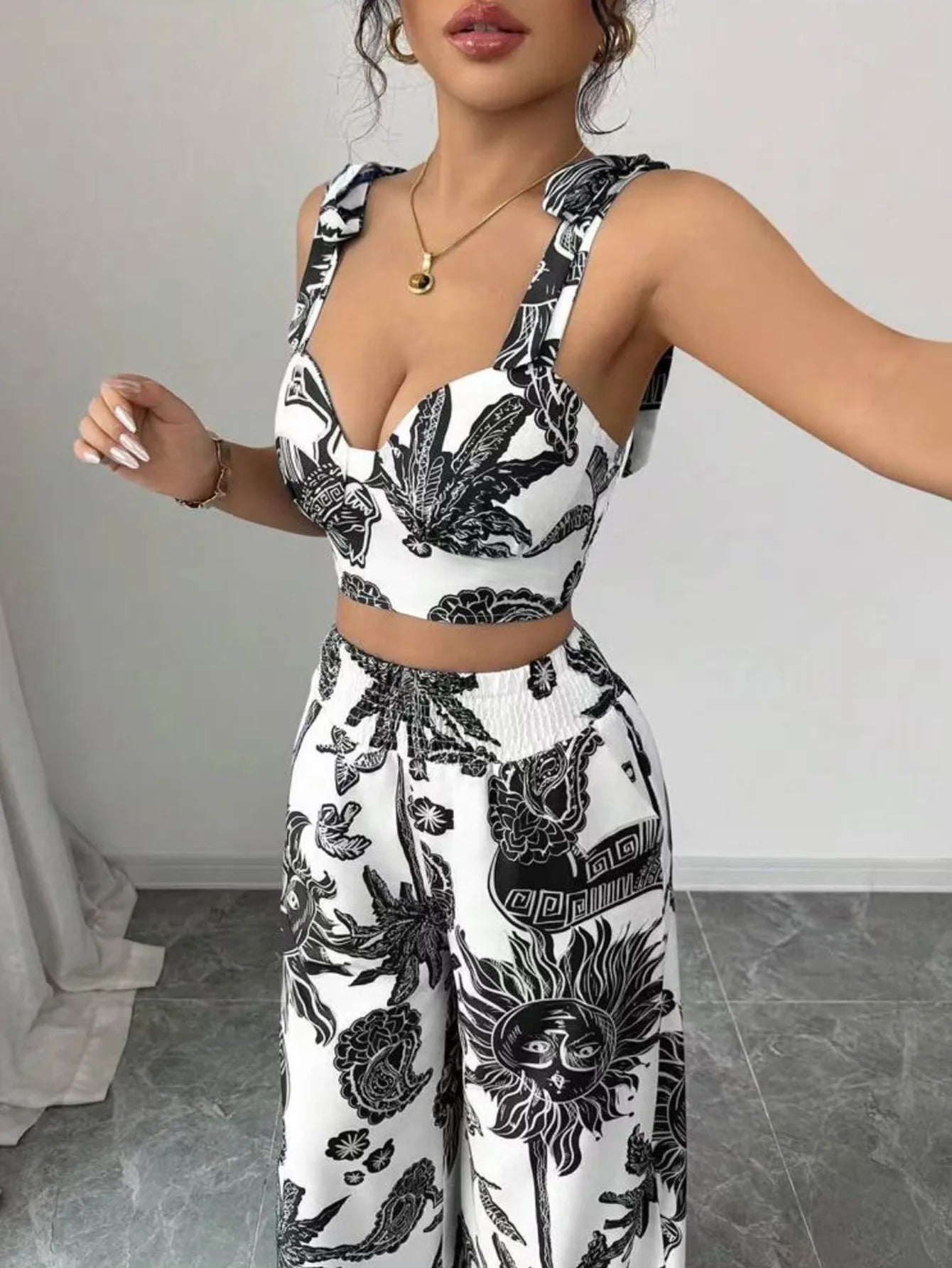 Two Piece Sets Women Pant Print Sling Tops High Waist Wide Leg Pants Drawstring Matching Sets Casual Backless Tops Summer 2025