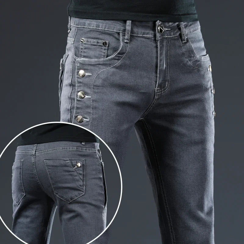 Slim Skinny Jeans Men New Elastic Korean Design Fashion Multi-Button Blue White Vintage Wash Cotton Stretch Denim Pants Trousers
