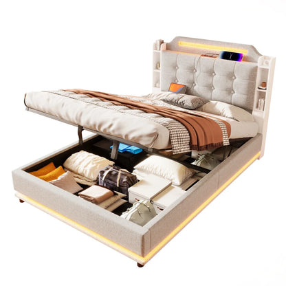 140*200cm Polsterbett mit LED-Lichtleiste und mehreren Ablagefächern, für Schlafzimmerwäsche, Beige (ohne Matratze)