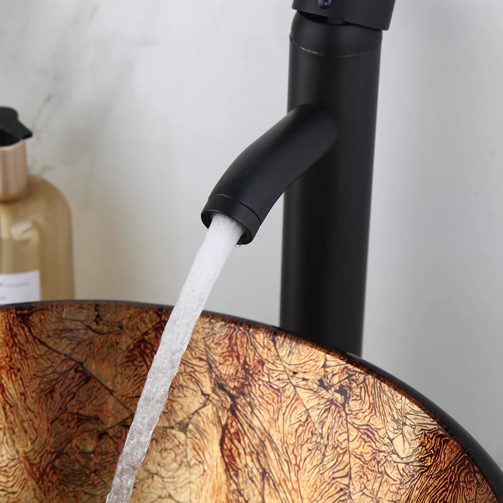 KEMAIDI Waschbecken mit Wasserhahn-Abfluss-Kombination aus gehärtetem Glas, 43,2 cm rundes Waschbecken, braunes Badezimmer-Schüsselwaschbecken über dem Waschbecken