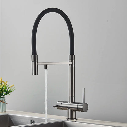 Gray Filtered Kitchen Faucet Dual Spout Hot Cold Mixer Purification Water Crane Filter Water Faucet Deck Mount