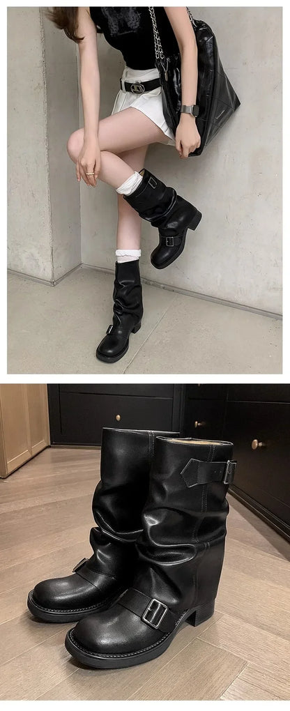 Pleated Buckle Knight Boots for Women Autumn Brown PU Leather Mid Calf Boots Woman Slip-On Thick Heel Riding Botas Mujer 2024