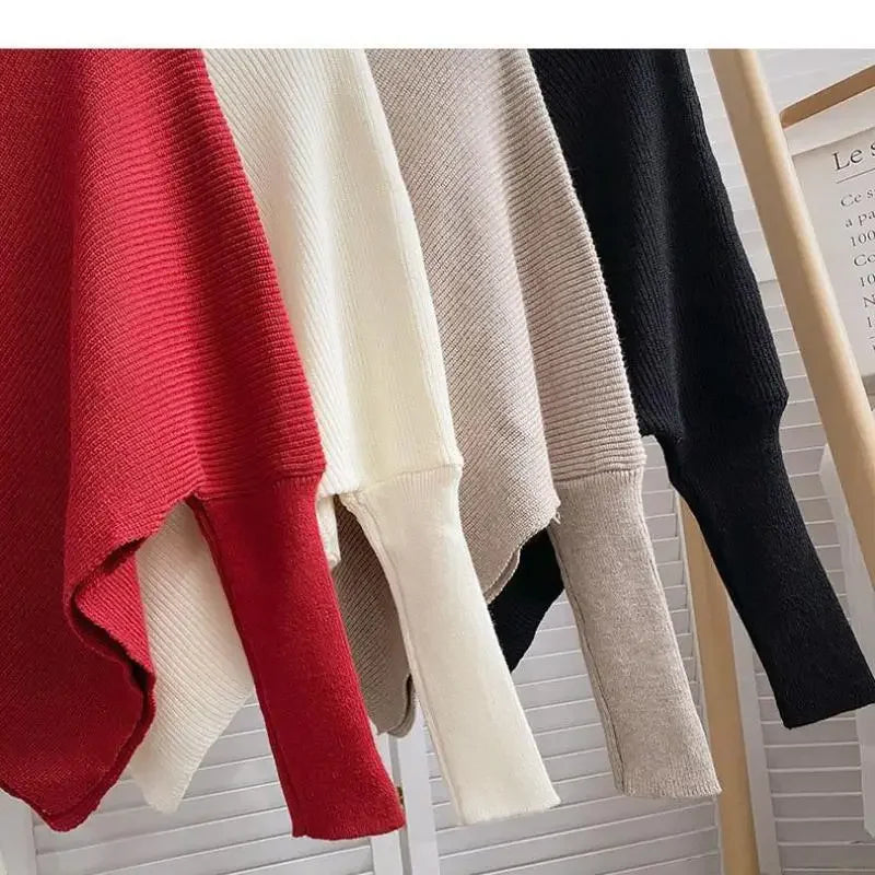 2025 Korea Herbst Winter Frauen Mode Unregelmäßigen Lose Stricken Pullover Vintage High Neck Langarm Weibliche Pullover Chic Tops.