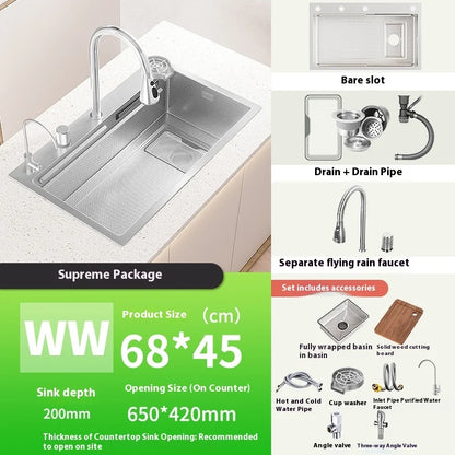 Silver 304 Stainless Steel Kitchen Sink Independent Waterfall Outlet Household Large Single Slot Wash Dish Bowl Undermount Basin