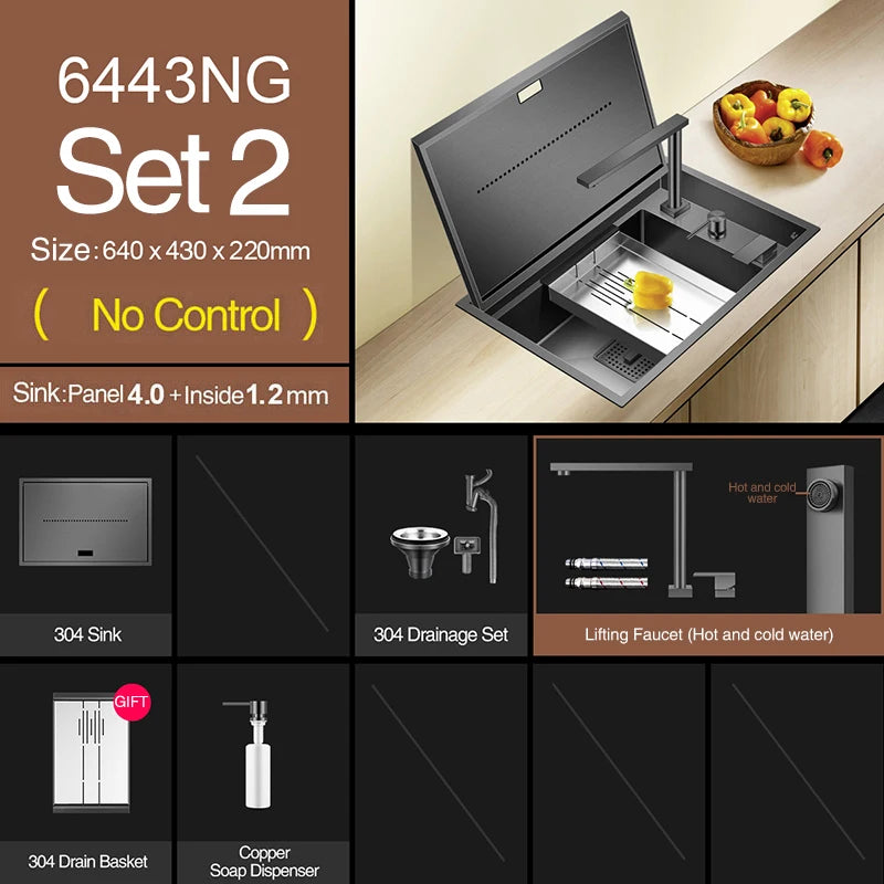 Nanometer Black Hidden kitchen Sink SUS 304 Stainless Steel 4mm Thickness Flip Cover Hidden Handmade kitchen Sinks