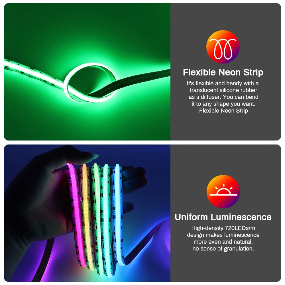 1-25M RGB Addressable COB LED Strip Light 24V WS2811 Pixel LED Strip Tuya WiFi RGBIC LED Ribbon Light Kit For TV Room decoration.