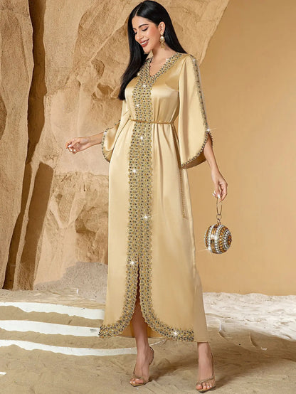 Luxury Dubai Diamonds Abaya Satin Long Dress Women Muslim Islam Clothing Evening Party Gown Ramadan Caftan Marocain Femme Robe ﻿.