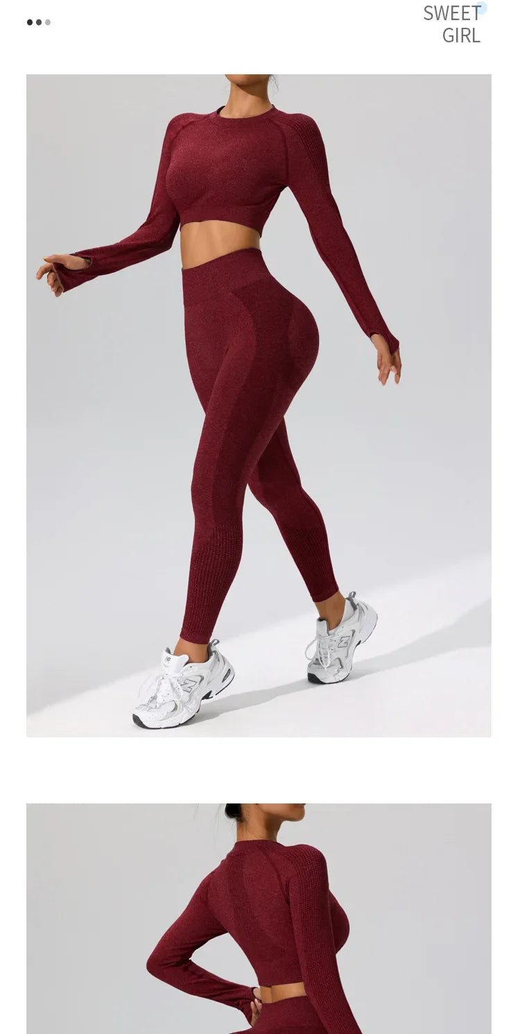 Autumn Winter Yoga Fitness Sportswear Long Sleeve Women's Top And Bottoms Quick Dry Set Finger Snap Gymnastics Outfit.