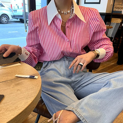 Jmprs Elegant Women Shirts Korean Striped Red Fashion Turn Down Collar Office Ladies Tops Long Sleeve Causal Female Blouse