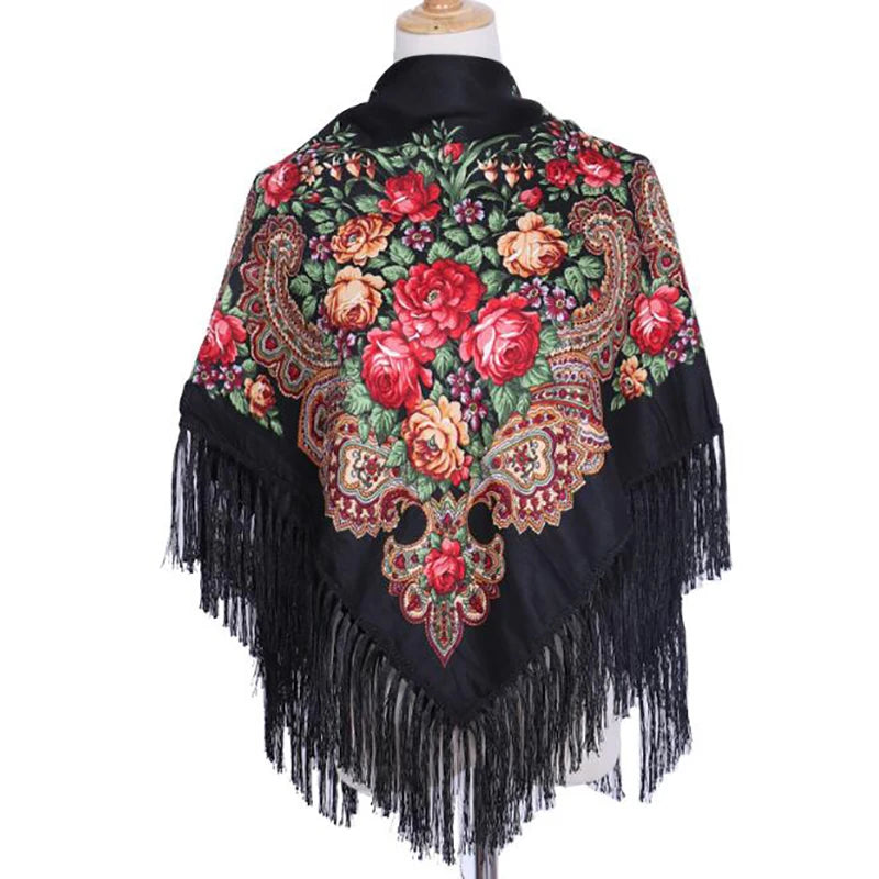 Women Luxury Floral Printed Russian Scarf Ukrainian Fringed Square Scarves Babushka Handkerchief Head Wraps Travel Shawl.