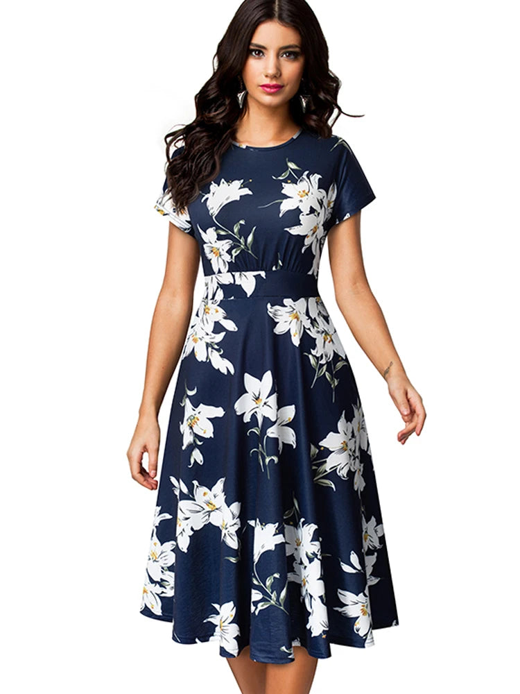 Nice-forever Vintage Elegante Blumen Druck Plissee Rundhals vestidos A-Line Pinup Business Party Frauen Flare Swing Kleid A102.