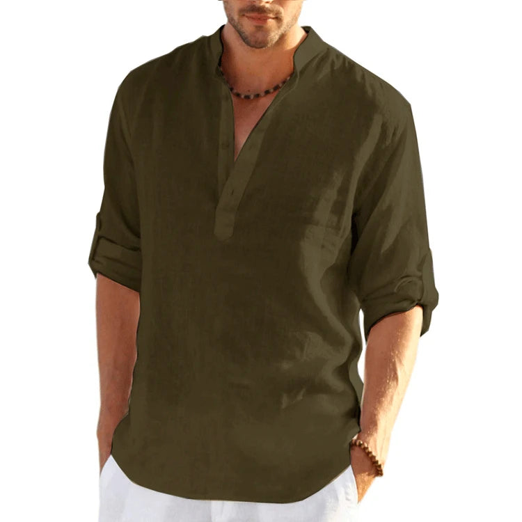 2022 New Men's Linen Long Sleeve T-Shirt Solid Color Loose Casual T-Shirt Long Sleeve Cotton Linen Shirt Plus Size.