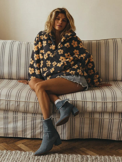 Sumuyoo Autumn Winter Women's Sherpa Floral Pullover Hoodies Half Zip Style Loose Fit Warm Stylish New Sweatshirt.