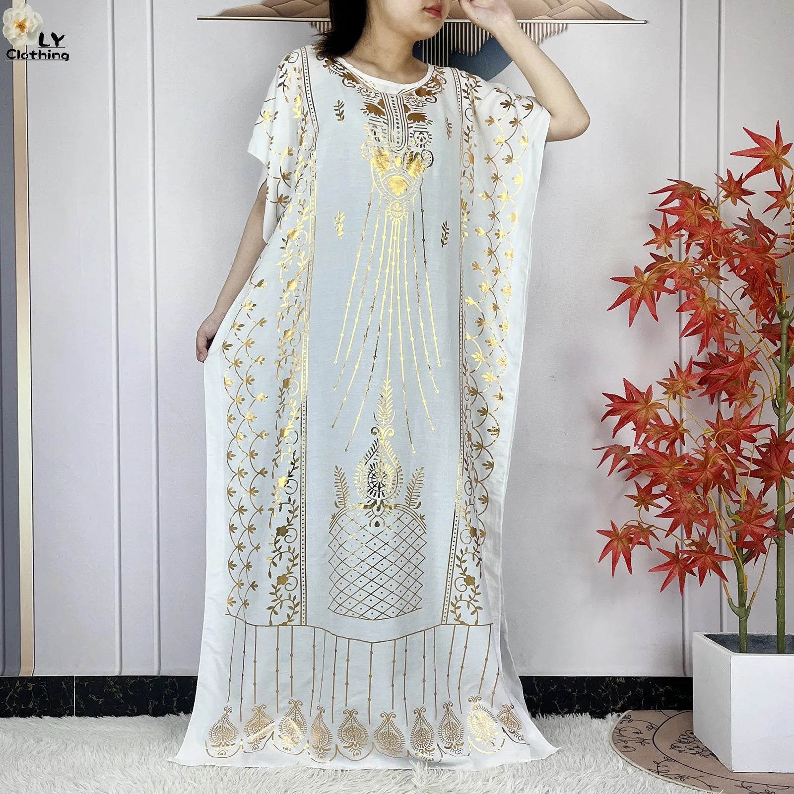 2023 New Muslim Summer Short Sleeve Robe Gold Stamping Boubou Maxi Women Femme Loose Dress With Big Scarf African Abaya Clothes.