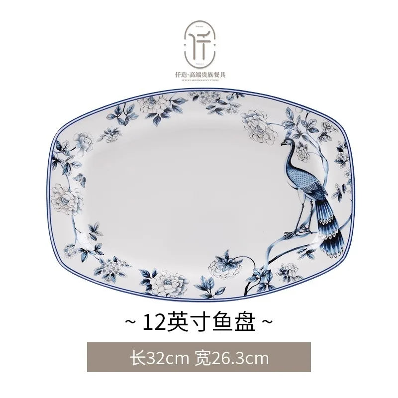 Blue Peacock Bone China Dining Plate Blue and White Kitchen Tableware Flower Ceramic Tableware Home Dining Bar Main Course Plate.