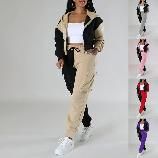 Women Loose Autumn Winter Two Pieces Suit Matching Sets Hoodie Tracksuit Blocked Zipper Short Outerwear Drawstring Cargo Pants.
