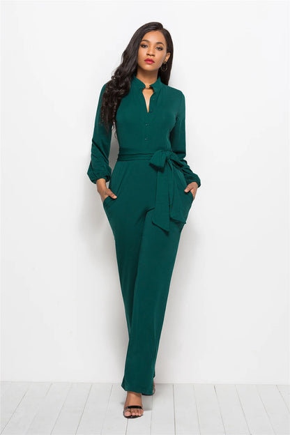 Temperament Solid Color Slim Jumpsuits Women Fashion Long Sleeve Buttons High Waist Leace-up Jumpsuit Ladies Commuting Clothing.
