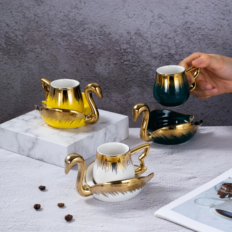 Luxury Ceramic Mug with Saucer European Retro Swan Shape Afternoon Tea Coffee Cup and Saucer Set Home Creative Drinkware Gift.