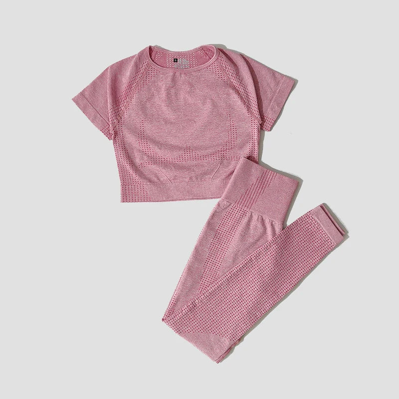 WAREBALL Seamless Yoga Set Women Workout Gym Clothes Fitness Short Sleeve Crop Top Shirt High Waist Leggings Pants Sports Suits