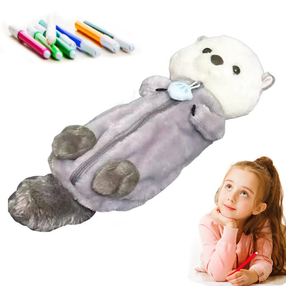 Creative Cute Sea Otter Shape Plush Pencil Bag 1PC Large Capacity INS Cartoon Pencil Case Velvet Pencil Case Student Stationery.