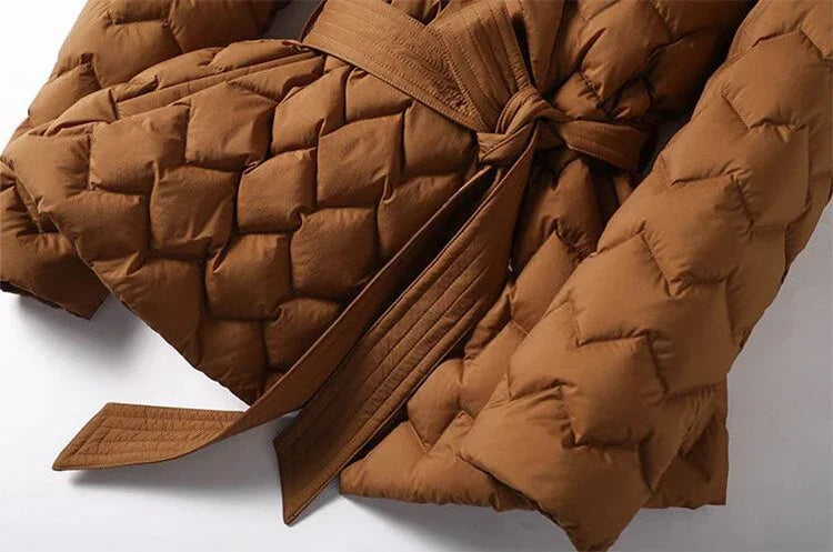 Leichte Daunen jacke mit Gürtel Frauen eleganter Krawatten gürtel lange Baumwolle weiße Ente Daunen Parka weibliche Damen Jacken Winter neu 2024.